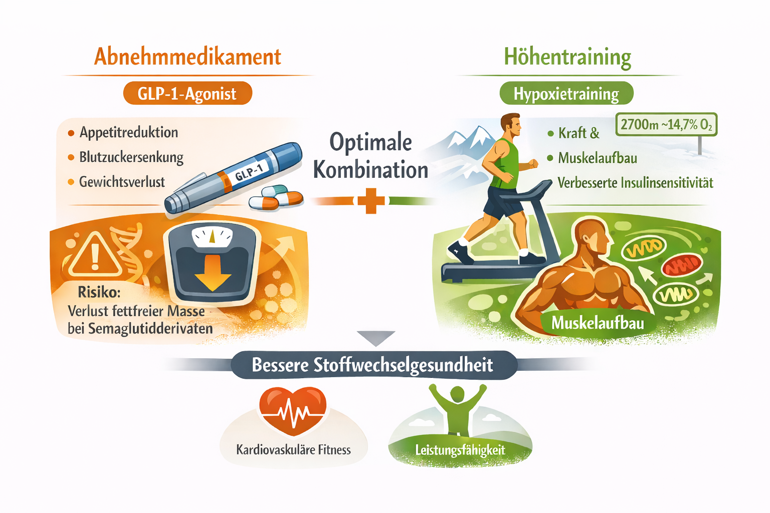 Infografik zur Kombination von GLP-1-Abnehmmedikamenten und Höhentraining mit Darstellung von Fettabbau, Risiko des Muskelverlusts und positiven Effekten von Kraft- und Ausdauertraining auf die Stoffwechselgesundheit.