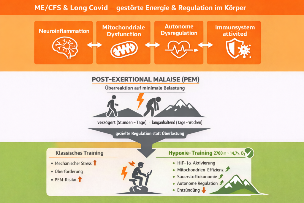Inforgrafik zu ME/CFS und Long Covid mit Darstellung von Neuroinflammation, mitochondrialer Dysfunktion, autonomer Dysregulation und Immunaktivierung sowie Post-Exertional Malaise und Vergleich von klassischem Training mit Hypoxie-Training bei 2700m ü.N.N. (14,7% O₂)