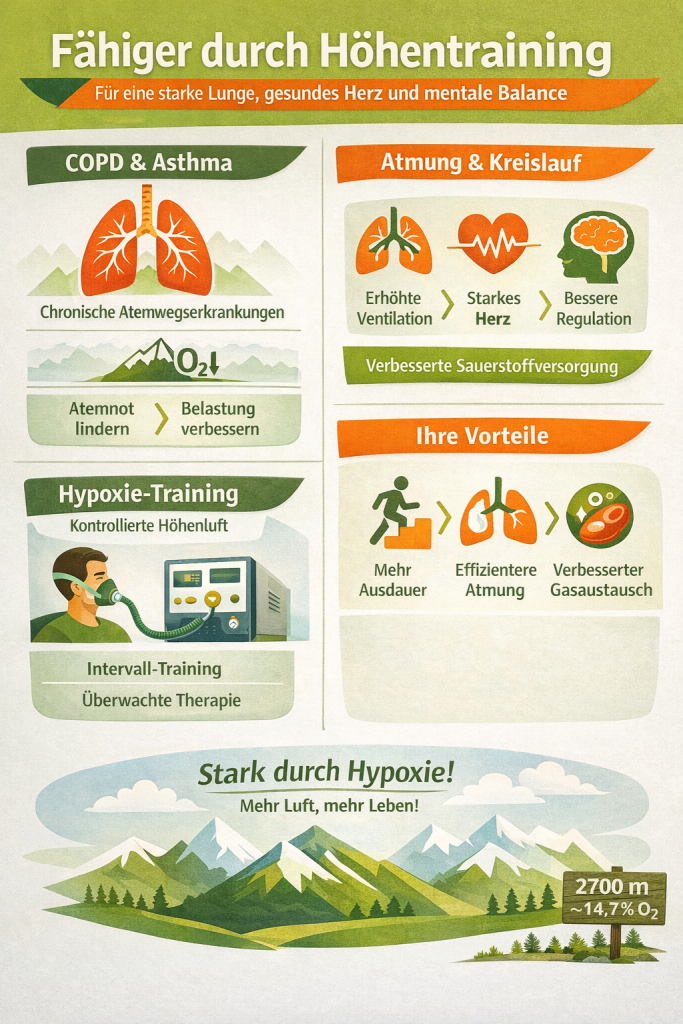 Infografik zum Hypoxie- bzw. Höhentraining bei COPD und Asthma mit Darstellung der Effekte auf Atmung, Herz-Kreislauf-System und mentale Leistungsfähigkeit sowie Vorteile wie verbesserte Ventilation, effizientere Atmung und optimierter Gasaustausch unter simulierten Höhenbedingungen (2700m, ~14,7% O₂)