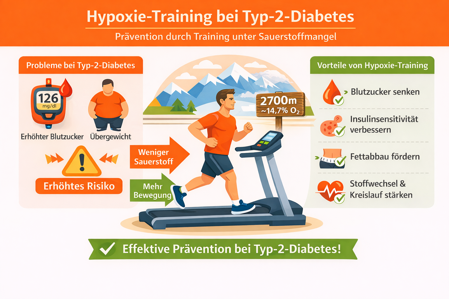 Infografik zu Hypoxie-Training bei Typ-2-Diabetes mit Darstellung von erhöhtem Blutzucker, Übergewicht, Training auf dem Laufband in simulierter Höhe von 2700m (~14,7% O₂) und Vorteilen, wie verbesserter Insulinsensitivität, Fettabbau sowie Unterstützung von Stoffwechsel und Kreislauf