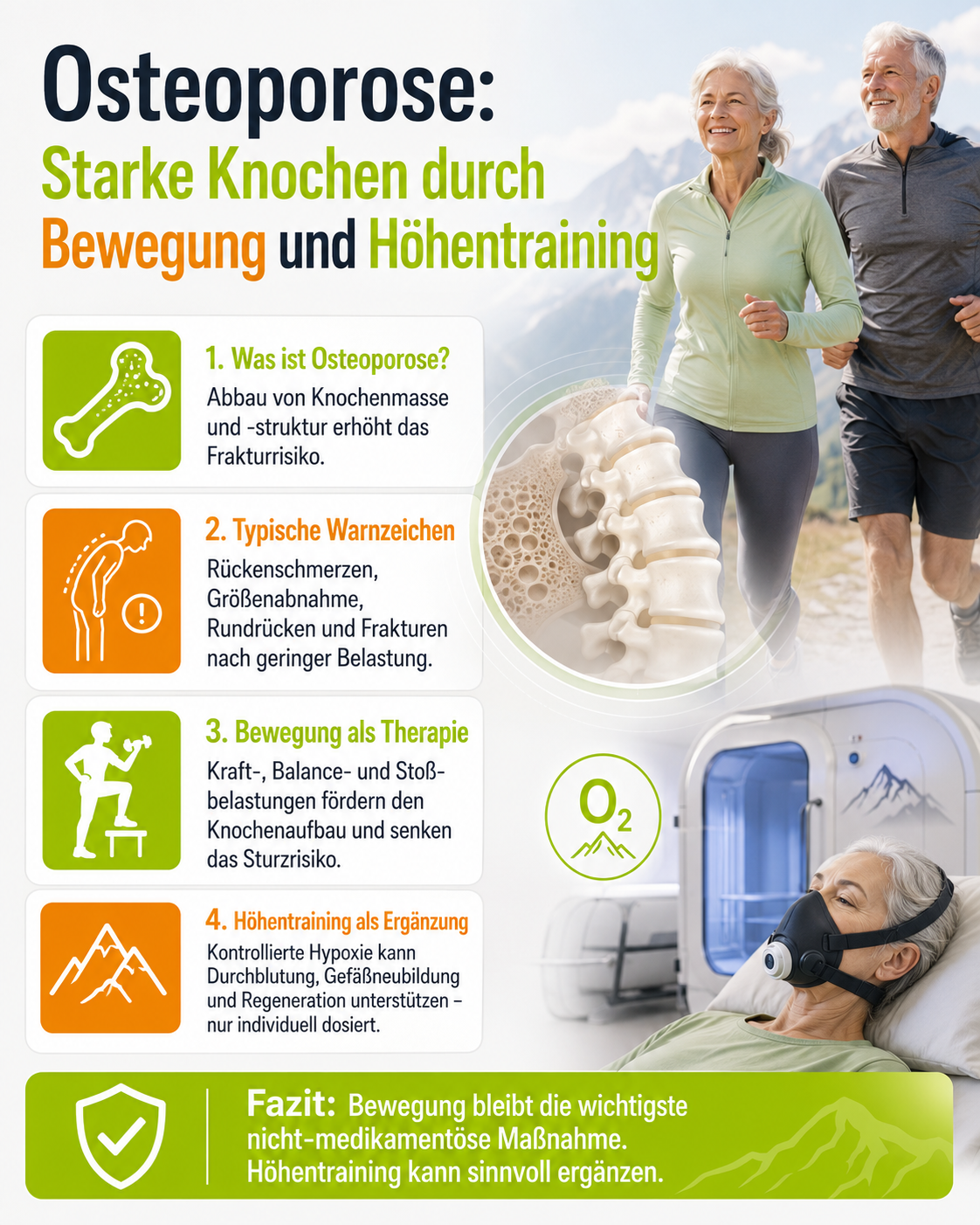 Infografik zu Osteoporose mit Warnzeichen sowie den Wirkungen von Bewegung, Krafttraining und Höhentraining auf die Knochengesundheit.